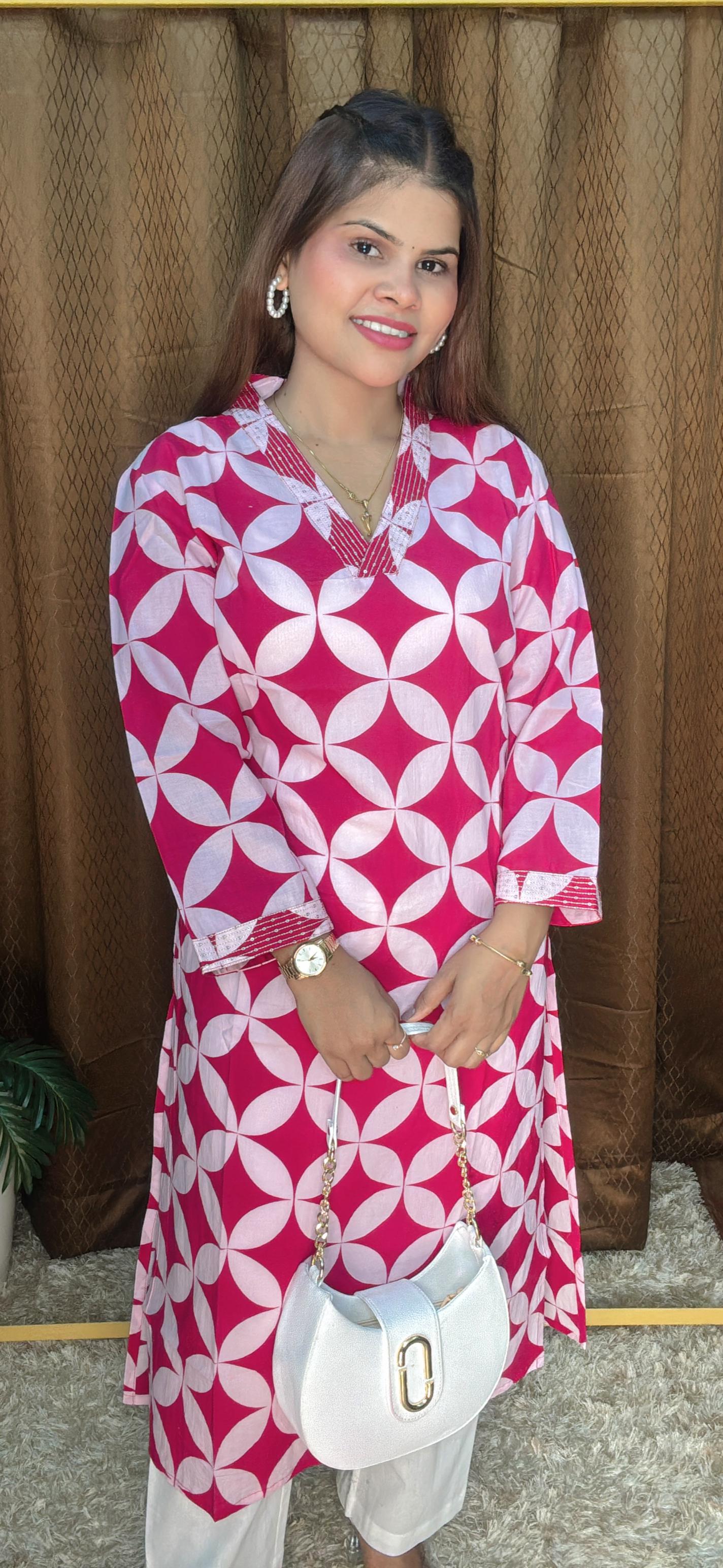 V Neck Polka Digital Print Pure Cotton kurti