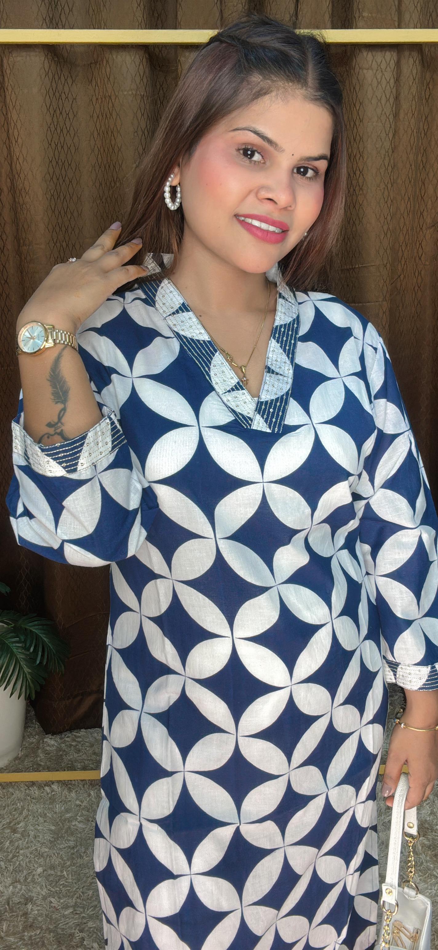 V Neck Polka Digital Print Pure Cotton kurti